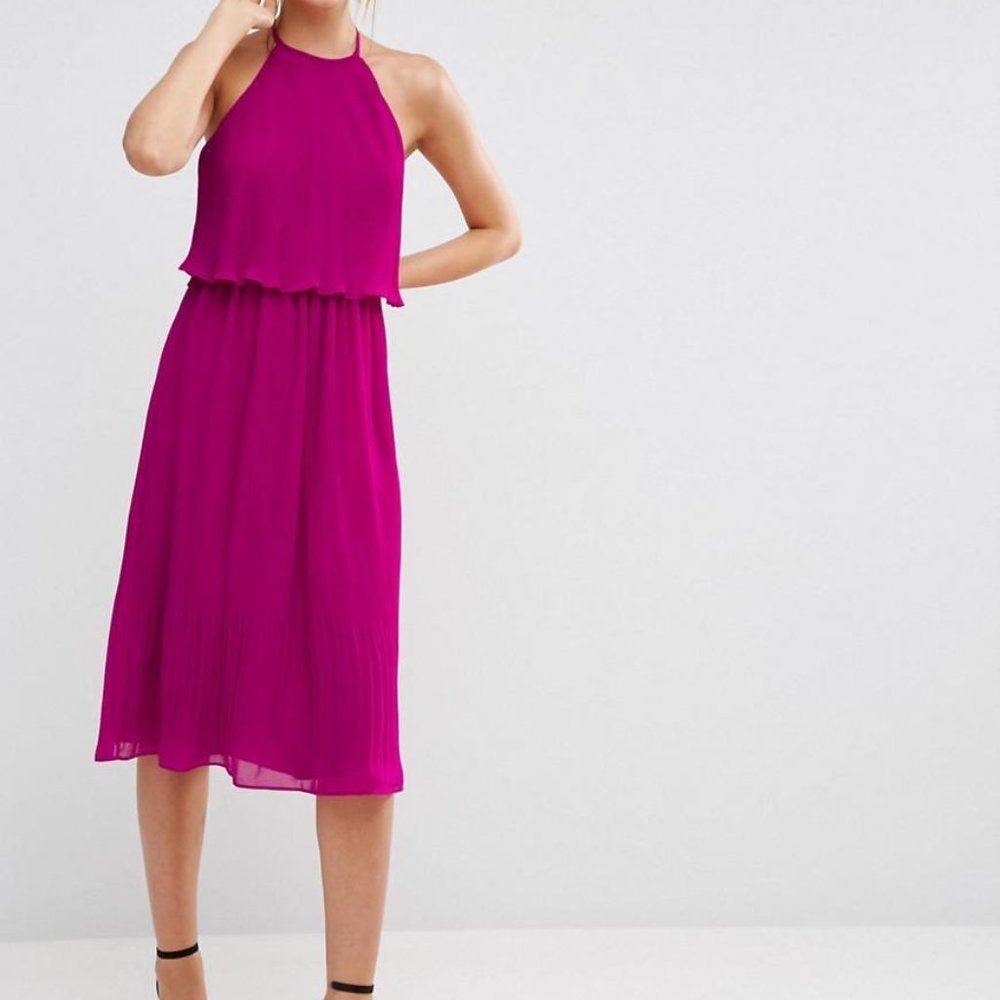 ASOS Purple Pleated Double Layer Halter Top Midi Dress